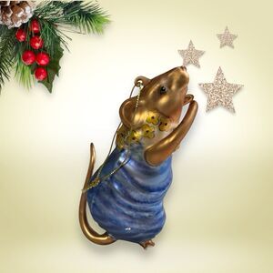 Mouse Glass Ornament Christmas Blue Dress Flower Wreath Gold 6"